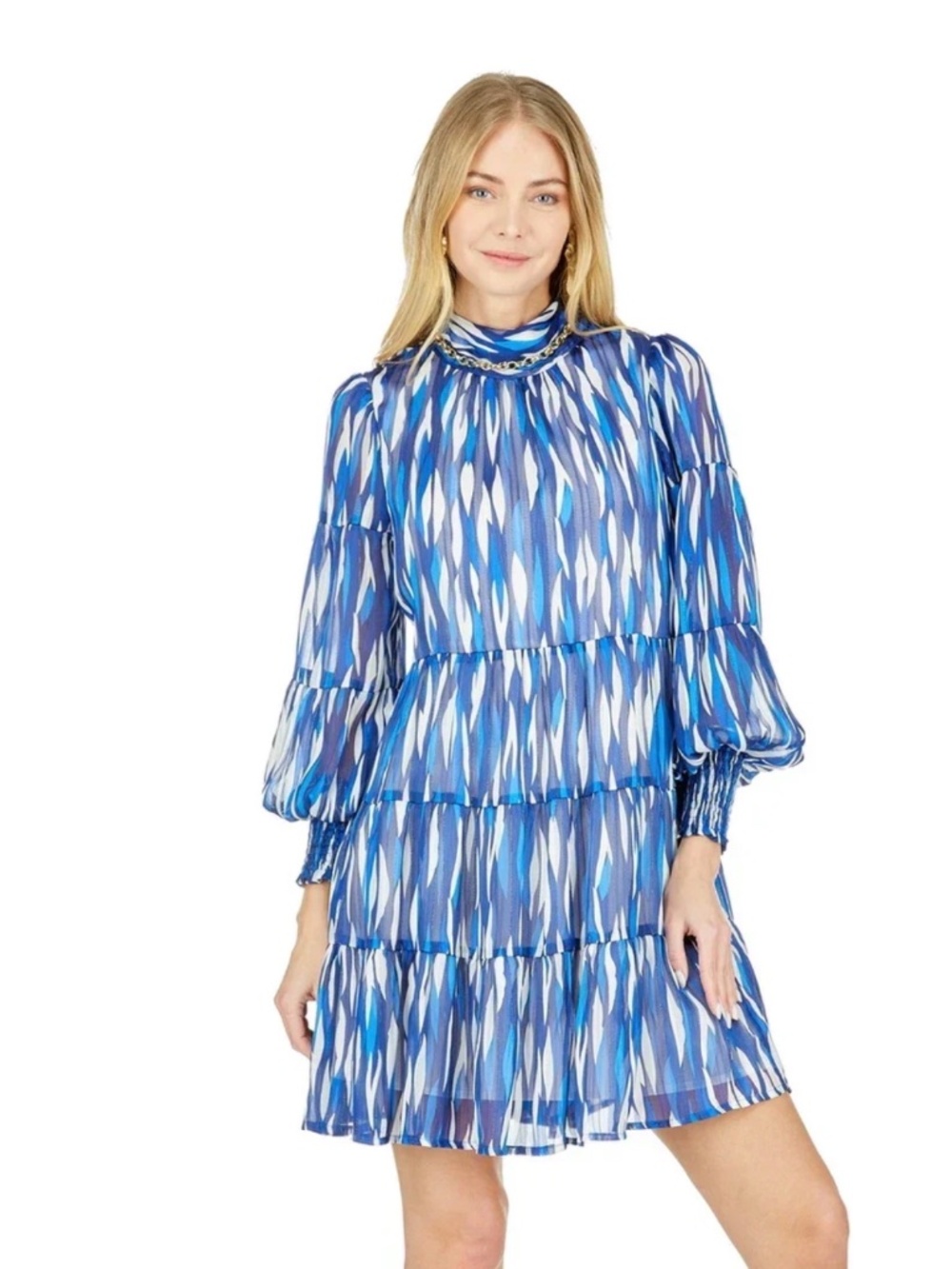 BLUE DROPS NECK TIERED DRESS